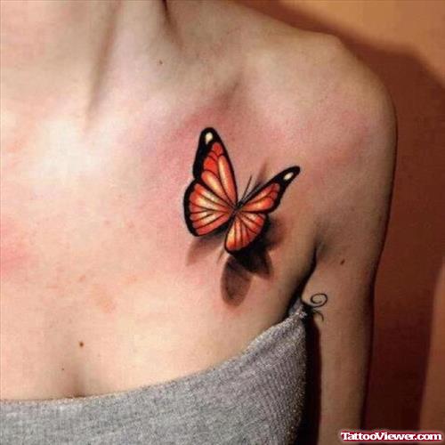 Butterfly 3D Tattoo On Collarbone
