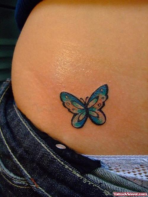 Amazing Blue Ink Butterfly Tattoo On Hip