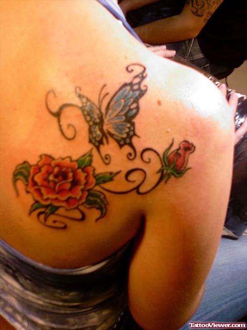 Red Flower And Butterfly Blue Ink Right Back Shoulder
