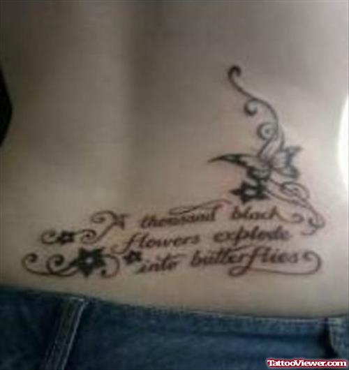 Lettering And Butterfly Tattoo On Lowerback