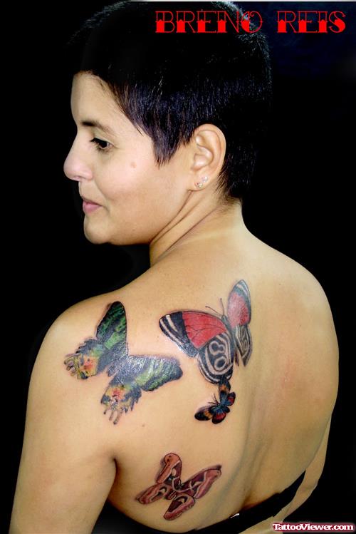 Colored Butterflies Tattoos On Left Back Shoulder