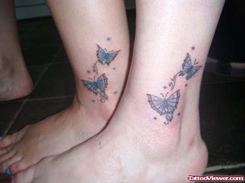 Blue Ink Butterflies Tattoos On Ankle