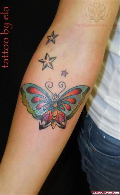 Stars And Color Butterfly Tattoo On Arm