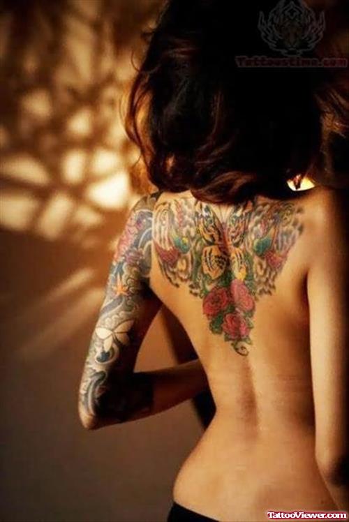 Butterfly And Roses Tattoo On Upperback