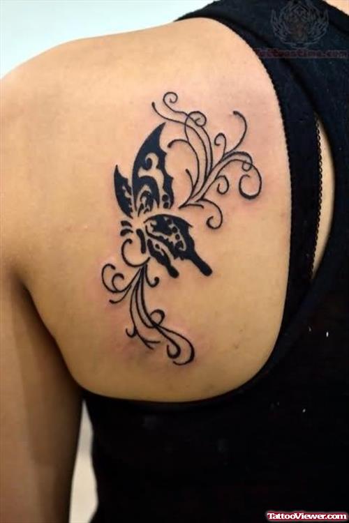 Black Ink Butterfly Tattoo On Back Shoulder