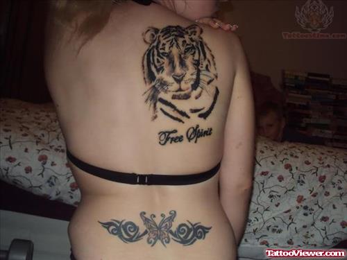 Tiger Head And Tribal Butterfly Tattoo On Back
