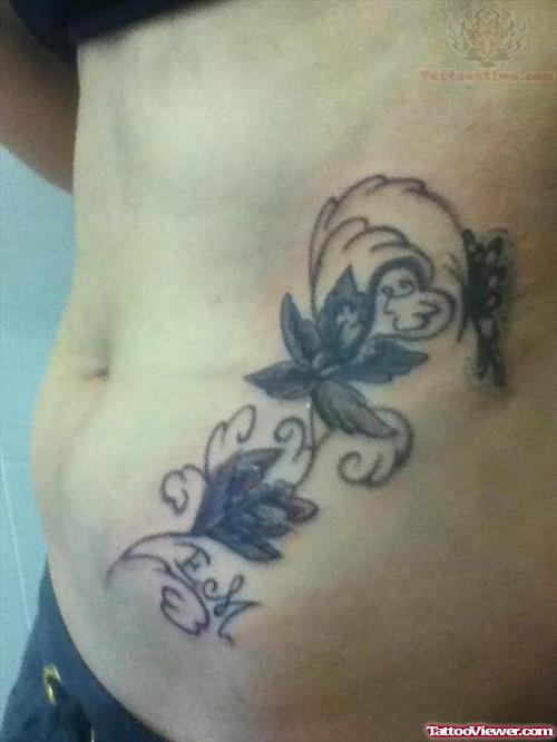 Flowers And Butterfly Tattoo On Belly