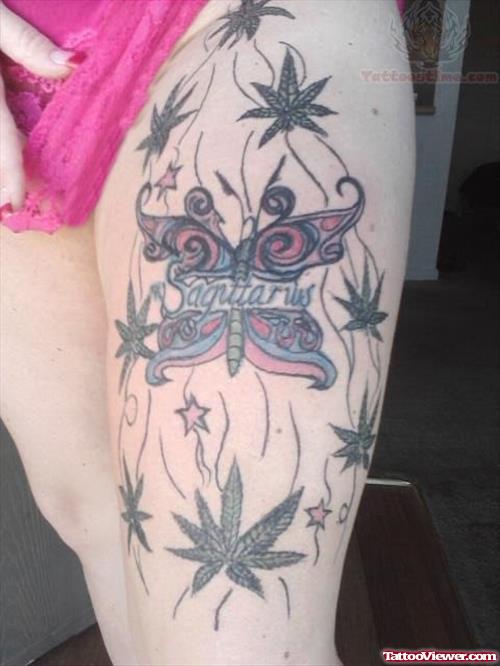 Butterfly And Clover Leaves With Sagittarius Word Tattoo On Thigh
