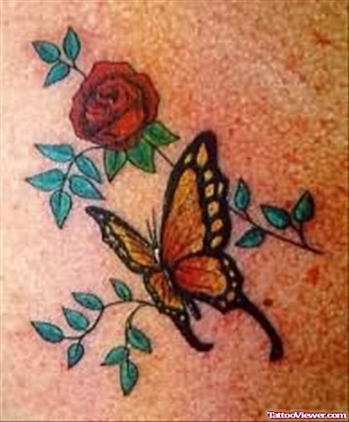 Lovely Red Rose & Butterfly Tattoo