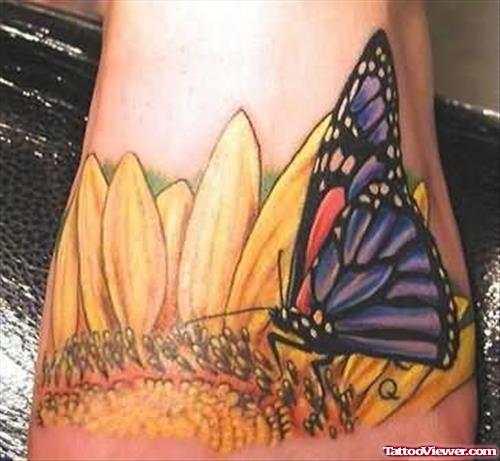 Terrific Flower And  Butterfly Tattoo