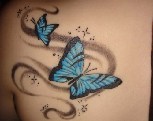 Blue Ink Butterflies Tattoos On Left Back Shoulder