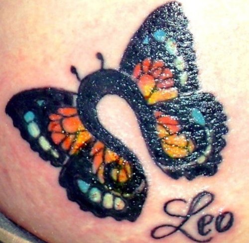 Lio Zodiac Symbol And Butterfly Tattoo