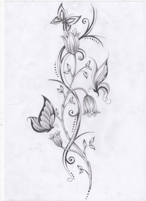 Vine Flowers And Butterfly Tattoo Design