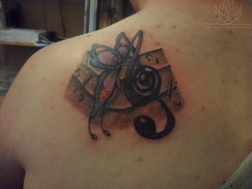 Violin Key And Butterfly Tattoo On Back Shoulder