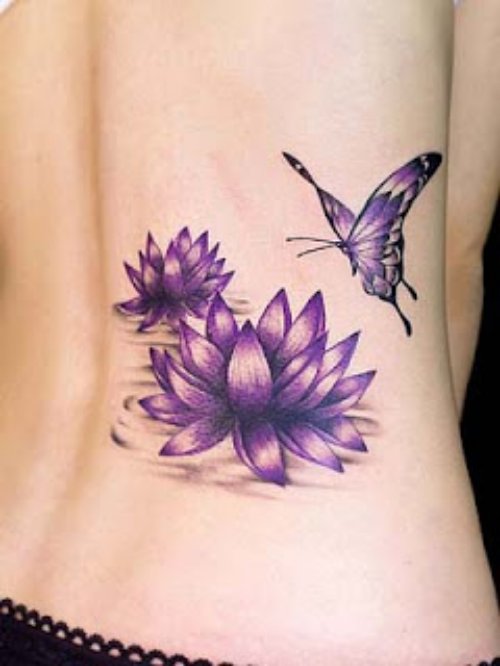 Purple Lotus Flowers and Butterfly Tattoo On Lowerback