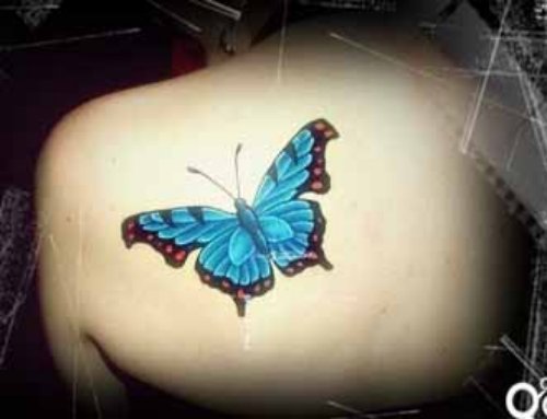 Blue Ink Butterfly Tattoo On Left Back Shoulder