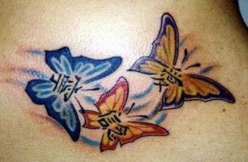 Colored Butterflies With Chinese Symbols Tattoos