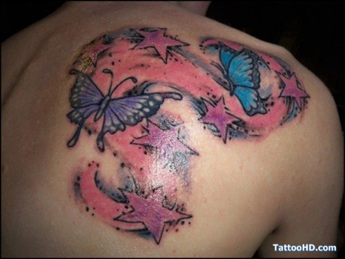 Stars And Butterflies Tattoo On Right Back Shoulder
