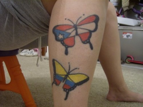 Colored Butterfly Tattoo On Right Leg