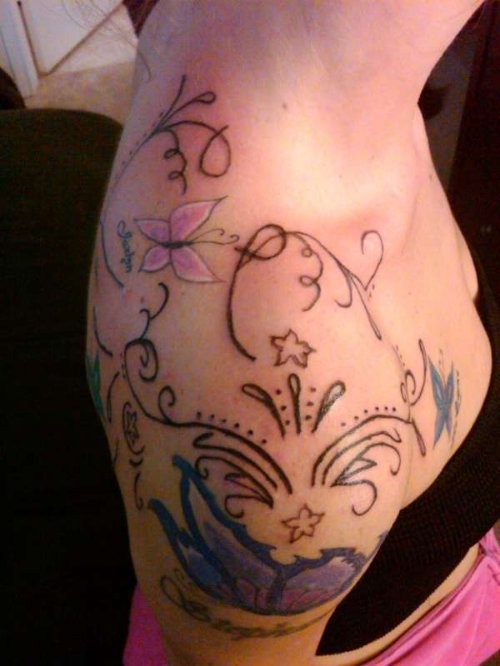 Colored Butterflies Tattoo On Girl Right Shoulder