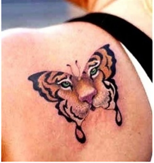 Colored Ink Tiger Face Butterfly Tattoo On Left Back Shoulder