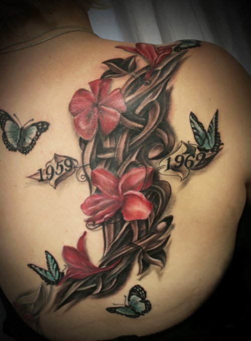 Red Flowers And Butterfly Tattoo On Right Back Shoulder
