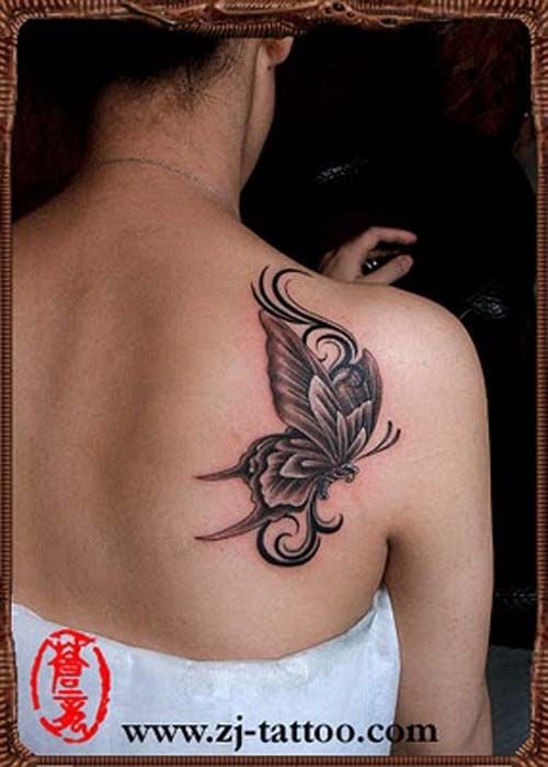 Beautiful Grey Ink Butterfly Tattoo On Right Back Shoulder