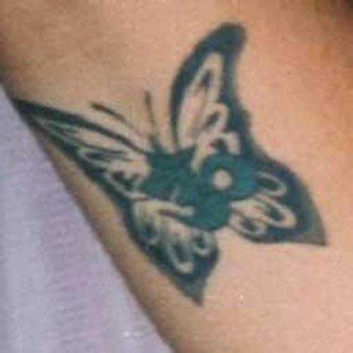 Butterfly With Om Symbol Tattoo On Bicep