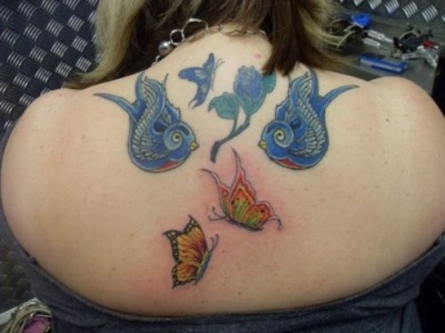 Flying Birds And Butterflies Tattoos On Upperback