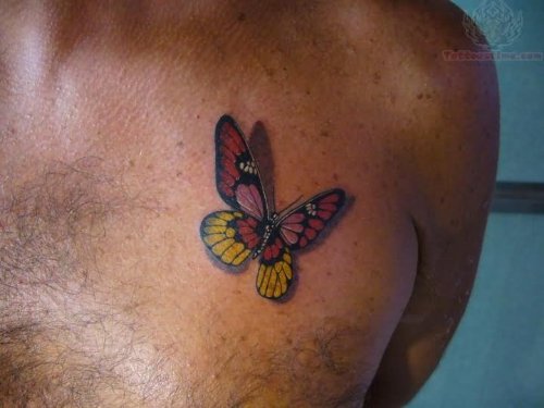Color Butterfly Tattoo On Chest