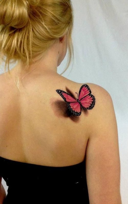 Beautiful 3D Butterfly Tattoo On Girl Shoulder