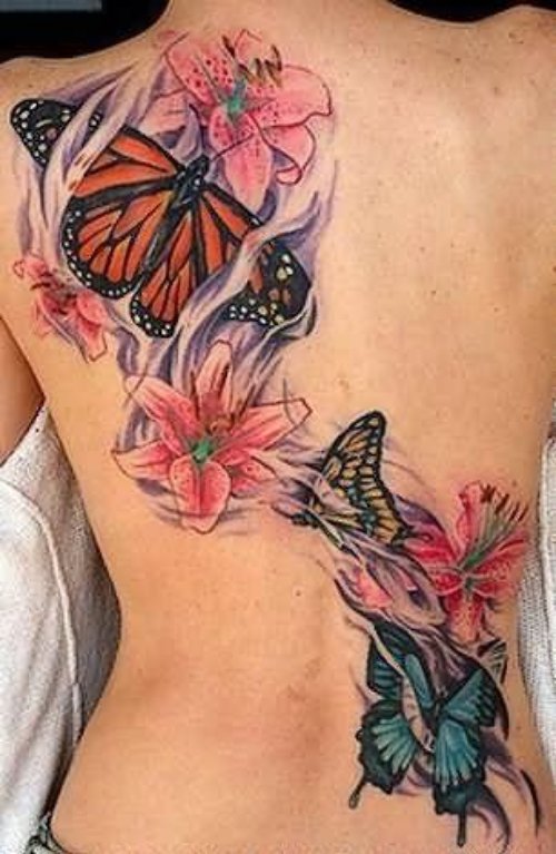 Monarch Butterfly And Flowers Tattoo On Girls Back