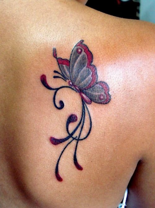 Simple Color Butterfly Tattoo On Back