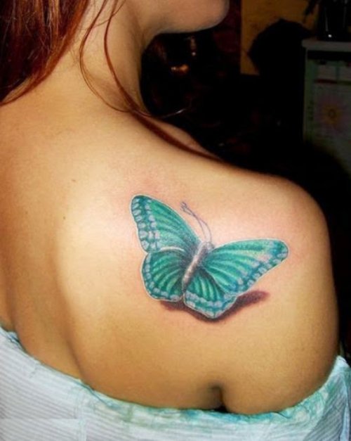 Blue 3d Butterfly Tattoo On Back Shoulder