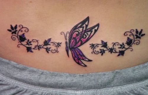 Black Leaves Flowers And Butterfly Tattoo On Lowerback