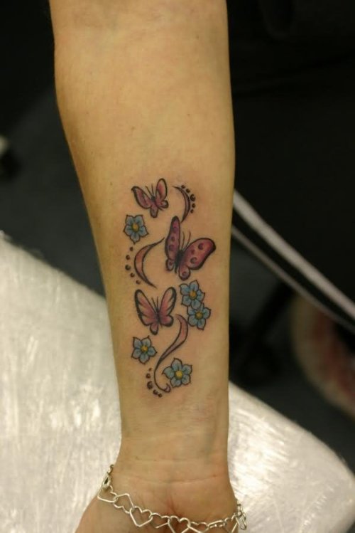 Blue Flowers and Butterfly Tattoos On Wrists