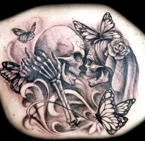 Skeleton Love With Butterflies Tattoo On Upper Back