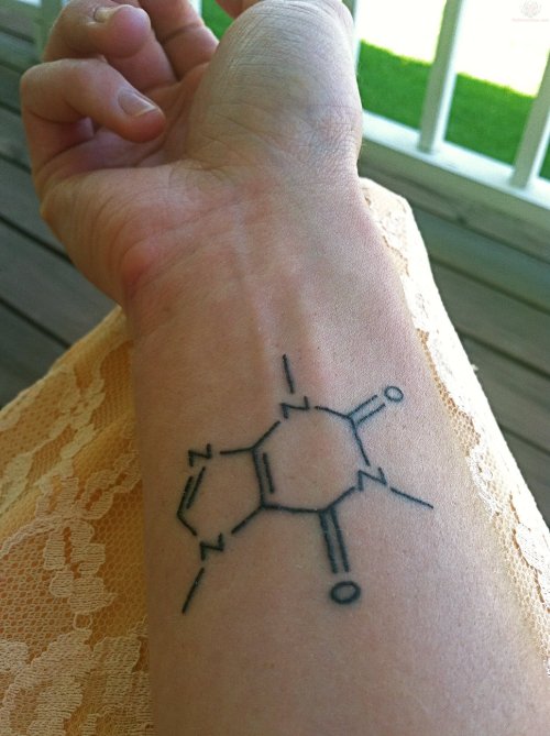 Caffeine Tattoo On Right Arm For Young Boys