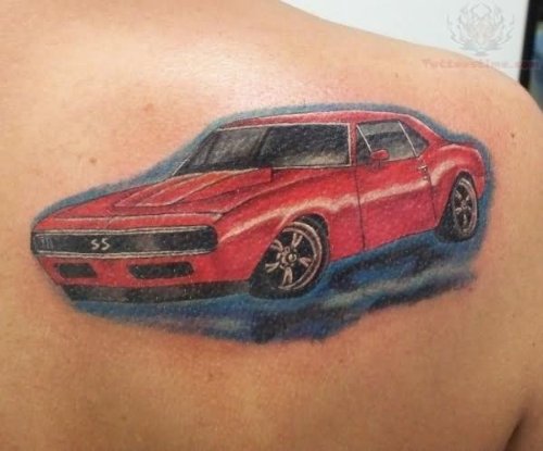 Camaro Red Car Tattoo On Back Shoulder