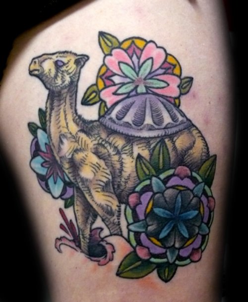 Color Flowers And Camel Tattoo