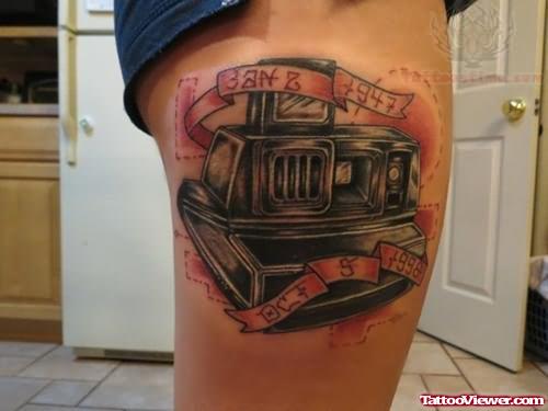 Large Camera Tattoo On Side Thigh