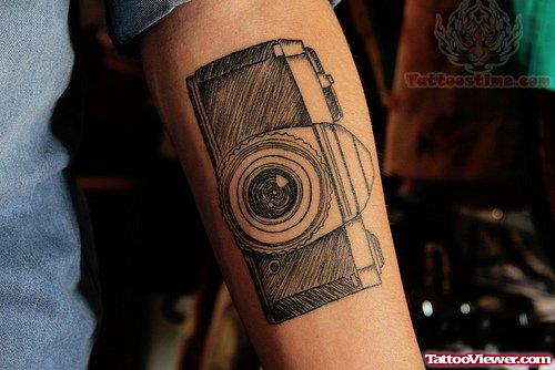 Shaded Camera Tattoo On Arm