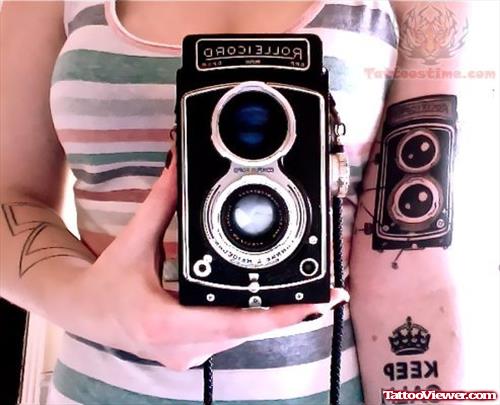 Rolliecord Camera Tattoo On Bicep