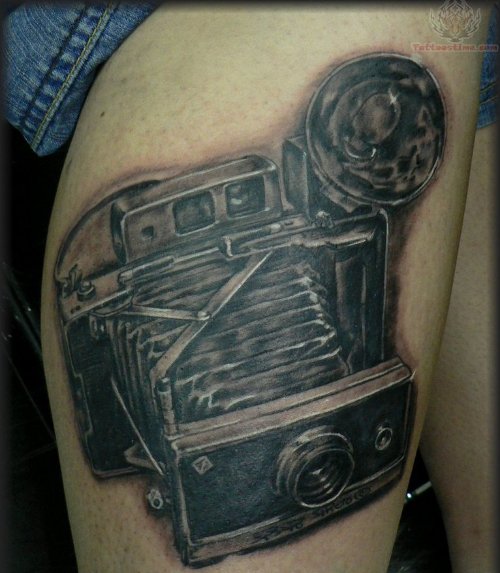 Old Camera Tattoo On Leg