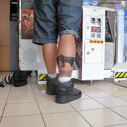Camera Film Tattoo On Calf