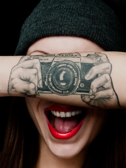 Illusion Camera Tattoo On Girl Left Arm