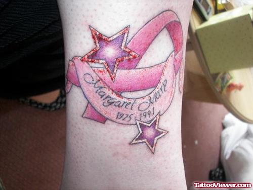 Stars And Memorial Banner Ribbon Cancer Tattoo