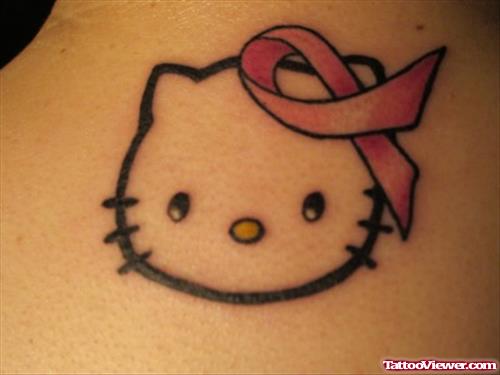 Kitty Head With Breast Cancer Ribbon Tattoo
