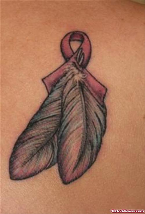 Grey Ink Feathers And Pink Ribbon Cancer Tattoo