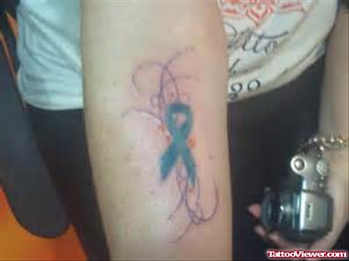 Green Ribbon Cancer Tattoo On Arm